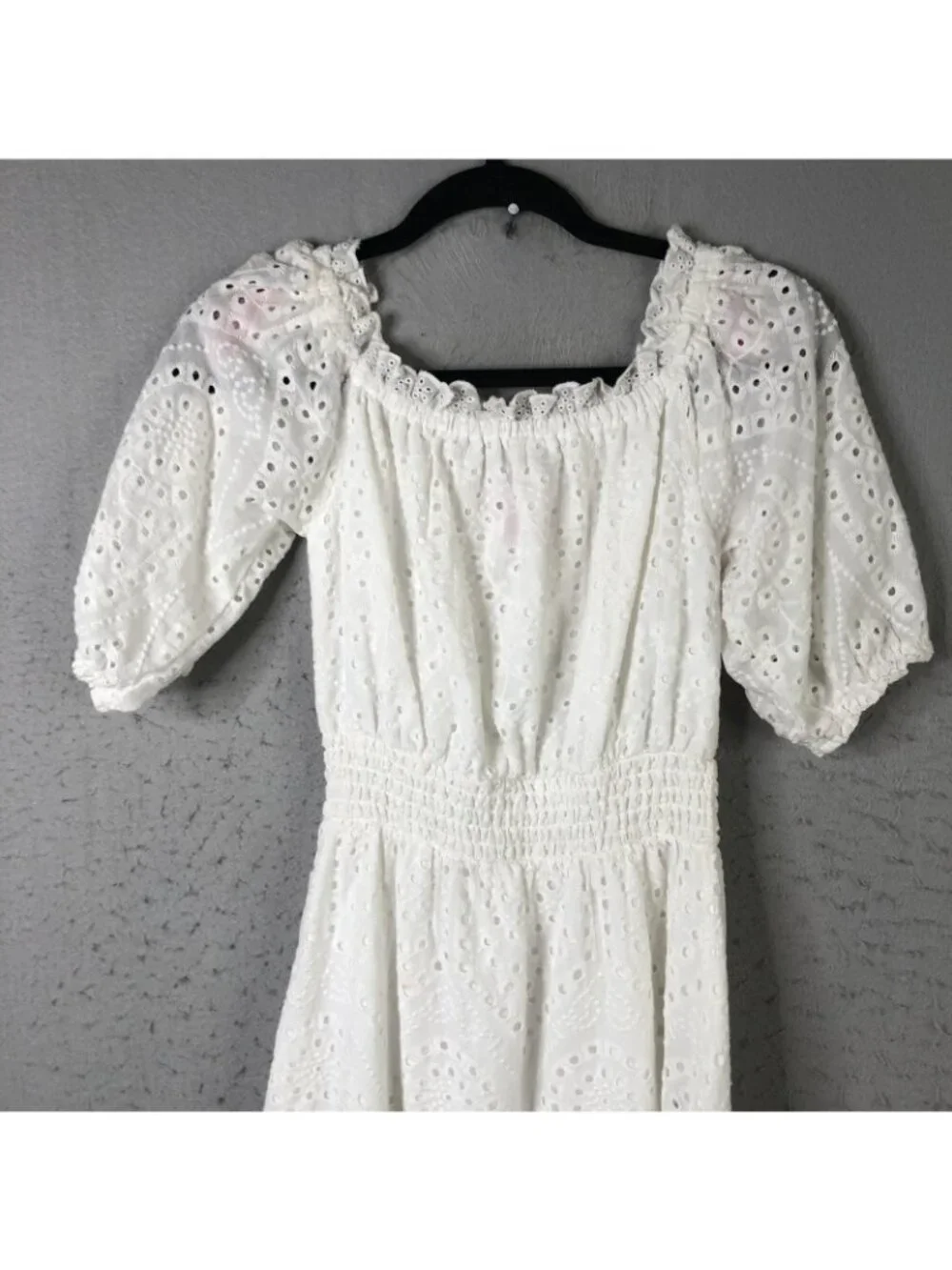 Betsey Johnson Dress Womens S White Eyelet Lace Smocked Midi Puff Sleeve Boho - Picture 9 of 16